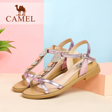 Camel/骆驼女鞋 时尚休闲 头层纳帕牛皮水钻搭扣中跟小坡跟凉鞋