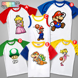马里奥采蘑菇超级玛丽水管Mario演出儿童装亲子装彩袖拼色短袖T恤