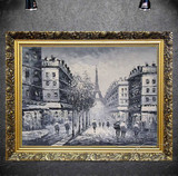 纯手绘油画巴黎街景【埃菲尔铁塔】有框画 客厅 玄关挂画黑白街景