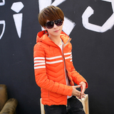 潮男青少年棉袄男学生冬季男装橙色棉衣白杠外套韩版修身戴帽子带