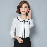2016秋装新款韩版大码女装修身长袖娃娃领套头纯色雪纺衫上衣衬衫