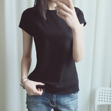 omaliss欧美修身高圆领短袖T恤女纯黑色夏季纯色打底衫紧身体恤衫