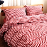 全棉日式简约纯色水洗棉四件套纯棉格子素色被套床笠床单床上用品