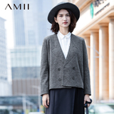 Amii旗舰店秋冬新女装纯色通勤V领长袖大码双排扣西装女短款外套