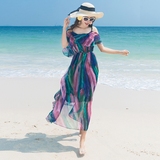韩国吊带露肩沙滩裙夏宽松雪纺长裙荷叶边波西米亚连衣裙海边度假