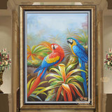 实拍手绘动物鸟类油画客厅玄关楼道书房复古金有框画鹦鹉装饰竖画