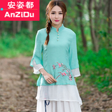 春夏中国风女装复古文艺中式服装棉麻禅服改良汉服上衣中长款茶服