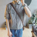 DAWANG韩国ulzzang短袖衬衫男生夏季薄口袋宽松纯色简约外套情侣