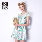 OSA欧莎2016夏季新品网底提花淡彩线条花朵印花连衣裙女B13090