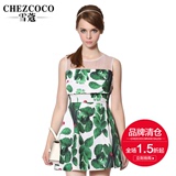 【雪蔻正品】CHEZCOCO时尚植物印花仙人掌欧根纱层次感花版连衣裙