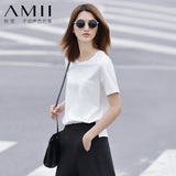 Amii2016夏装新款女T-shirt印花网纱大码短袖T恤小衫宽松纯棉体恤