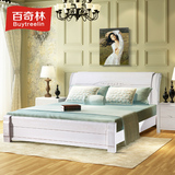 百奇林现代中式全实木床1.8米双人床婚床1.5白色雕花高箱储物床