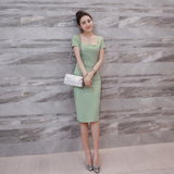 夏季连衣裙中长款2016韩版修身显瘦方领连衣裙新款薄荷绿一步裙子