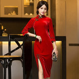 红色金丝绒时尚修身七分袖中式宴会礼服 加大码中年旗袍长款 显瘦