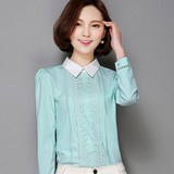 2016春季新款韩版修身娃娃领长袖蕾丝雪纺衫女装衬衫打底小衫上衣