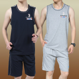 夏季运动服纯棉无袖运动套装男士全棉篮球服休闲健身跑步背心短裤