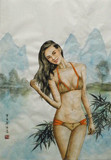 现代国画水墨人物仕女画女人体纯手绘原稿 尺寸69*48cm