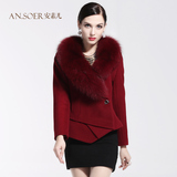 安素儿 2015冬新品牌羊绒大衣女 短款修身真狐狸毛领羊毛毛呢外套