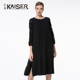 Kaiser/凯撒2016新品蕾丝九分袖圆领双开叉复古黑色气质长连衣裙