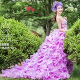 2016时尚中腰绑带新款影楼紫色拖尾主题舞台表演情侣外景拍照礼服