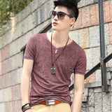 夏季男新款休闲韩版男士修身纯色短袖t恤v领潮流男式青年时尚半袖