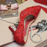 特价婚鞋欧洲站红色金色蕾丝花朵水钻水晶高跟女单鞋