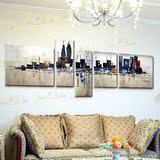 客厅装饰画沙发背景墙挂画餐厅卧室手绘画五联画抽象油画城市风景