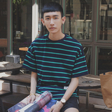 韩国夏装新款港风宽松条纹潮男圆领短袖T恤日系学生休闲套头半袖