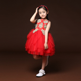 女童主持人礼服裙儿童红色婚纱礼服公主裙夏钢琴演出服蓬蓬裙韩版