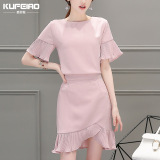 2016夏新款时尚套装A字裙显瘦两件套中裙气质名媛粉色短袖连衣裙