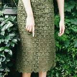 SC2016夏 半身裙高腰蕾丝镂空星星a字中长裙包臀裙 橄榄绿 可定制