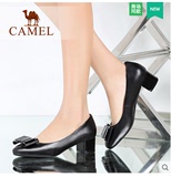 Camel/骆驼女鞋 正品优雅通勤 羊皮圆头蝴蝶结中跟单鞋A61196628