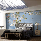 大型3D壁画客厅沙发背景墙蓝色花鸟无缝整张真丝