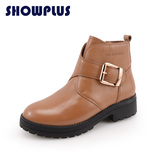 SHOWPLUS/秀派春款高帮英伦风马丁靴女短靴搭扣短筒中跟真皮女鞋