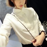 2015年春款女装韩版通勤ol一粒扣钻石领打底白衬衣女长袖职业衬衫