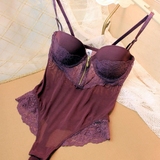 欧美性感束身衣奢华紫色聚龙钢托罩杯超薄蕾丝透视网纱连体塑身衣