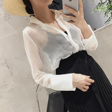 韩版2016夏季女装新款欧根纱白色长袖衬衫学生翻领防晒衫上衣服潮