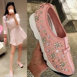 韩国代购小辣椒同款水钻粉色休闲运动鞋网布真皮透气女鞋学生单鞋