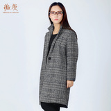 薇茨2015韩版修身显瘦中长款羊毛呢子大衣直筒格子外套女62031