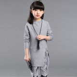 童装新品韩版女童中大童针织毛衣套头衫中长款蕾丝连衣裙