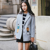 2016韩版女装冬装加棉加厚羊毛呢大衣刺绣短款毛呢外套春装上衣女