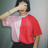 2016夏装韩版原宿风时尚个性粉红拼色五分袖T恤女学院风套头上衣