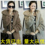 2014韩版女装新品长袖保暖毛呢外套欧美冬装斗篷型带帽毛绒绒棉衣