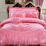 婚庆四件套 纯棉蕾丝床裙床上用品六七八多件套结婚床品家纺粉色