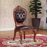 美式餐椅 欧式靠背扶手餐椅 全实木雕花布艺真皮咖啡椅休闲椅015
