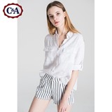 C＆A女式双口袋卷袖亚麻衬衫 2016夏季新款显瘦舒适薄CA200173108