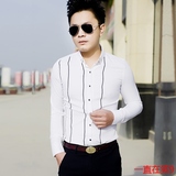 2016男士个性条纹长袖衬衫韩版修身立领衬衣时尚百搭上衣常规涤纶