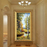 手绘欧式别墅客厅山水风景油画玄关壁炉过道装饰有框画聚宝盆竖版