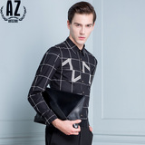 AZ蚁族2016春季青年男士英伦时尚格子长袖衬衣韩版修身型方领衬衫