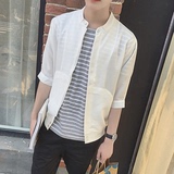 夏男士五分袖衬衫韩版修身纯色日系宽松中袖衬衣潮短袖防晒衣外套